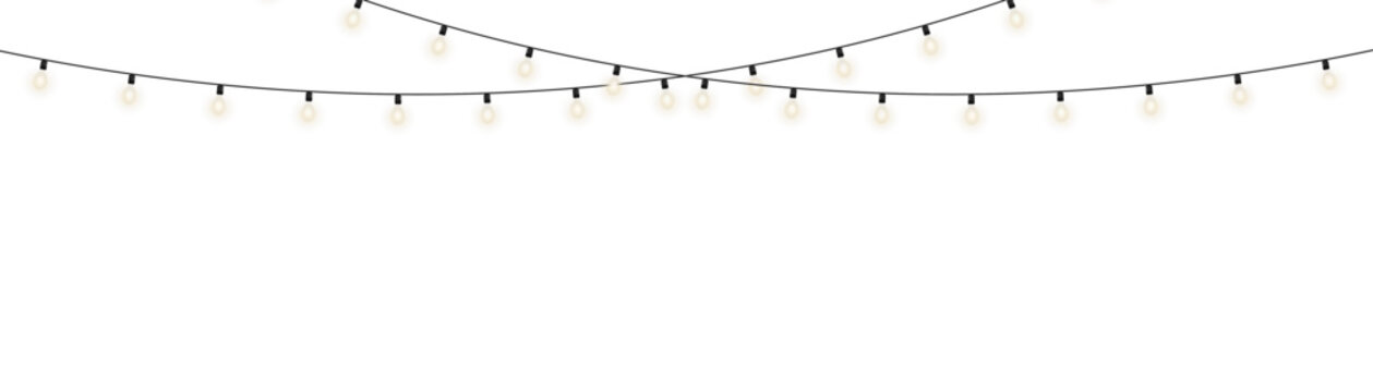 Decorative garland of warm white lights with soft glow, transparent background vector for Christmas, New Year, wedding decor, festive banners, party cards, and elegant seasonal design projects.