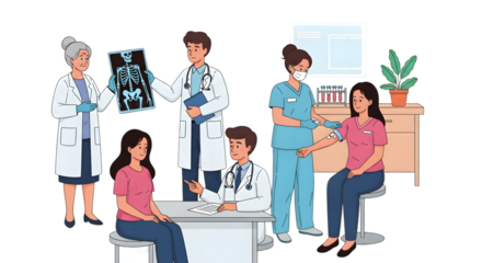 Medical team performing patient examinations and blood test illustration