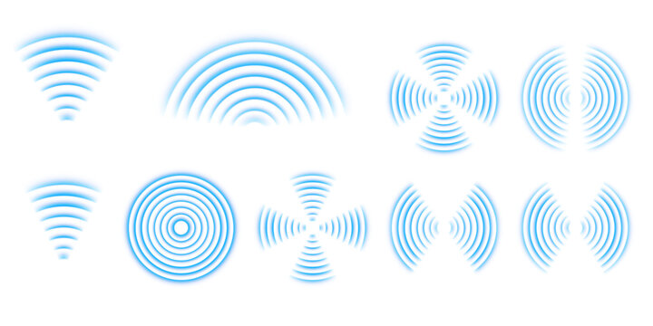 Sound sonar pulse vector design with blue circular waves. Abstract concentric echo pattern symbolizing vibration, sound propagation, and radar detection concept on transparent background.