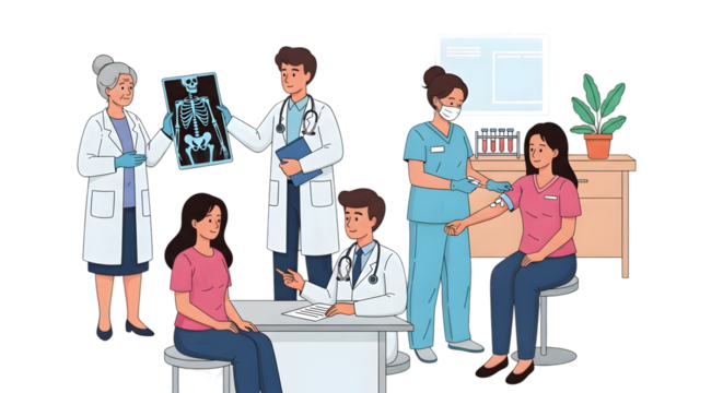 Medical team performing patient examinations and blood test illustration