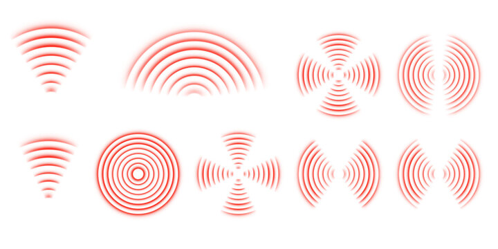 Vector collection of red radar rings and pain target spots. Abstract concentric signal patterns for digital, medical, or geometric backgrounds. Isolated circle wave shapes illustration.