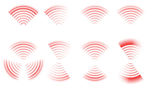 Red radar circles and wave rings collection. Abstract target symbols representing pain, sound, or pulse point design. Vector concentric pattern on transparent background for medical and tech themes.