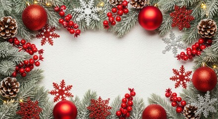 Festive christmas frame with ornaments and pine cones isolated on white background
