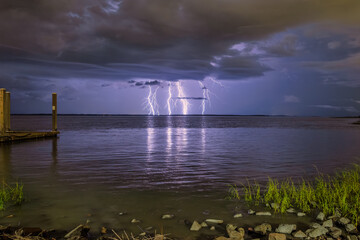 Dramatic lightning storm over the coastal waters of Beaufort, South Carolina during a summer night