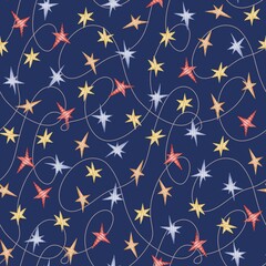 Seamless pattern with watercolor stars in red, yellow, and blue connected by curved lines on a dark blue background. Perfect for Christmas, New Year, winter textile, wrapping paper, festive decoration