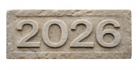 Stone Plaque with Carved Numbers 2026 and Distorted Border year isolated on a transparent background