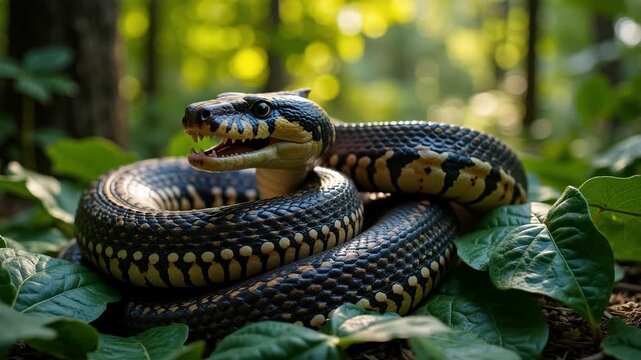 Boa Constrictor Coiled in Dappled Sunlight with Glistening Scales, Hissing Sound
