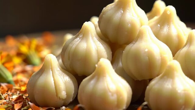 Pile of modak sweet dumplings, traditional Indian food for Ganesh Chaturthi festival.
