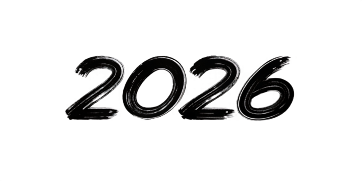 White Brush Stroke Numbers 2026 Painted on a Black Background year future isolated on a transparent background