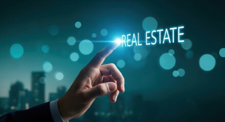 Index finger pointing at real estate text with city skyline in background