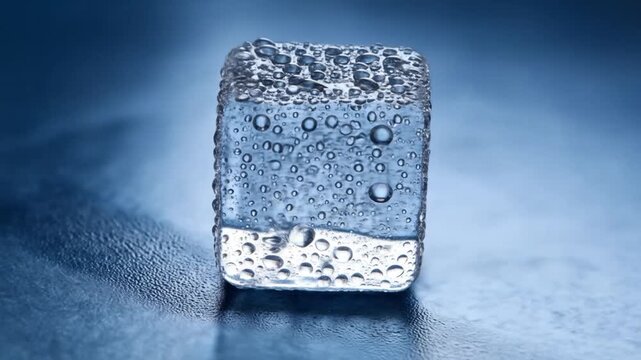 Single ice cube with many water droplets, resting on a cool blue surface