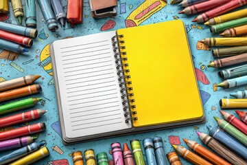 Open notebook with colorful pencils on a vibrant doodle background