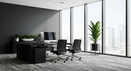 Modern office interior with desk, chairs, computer and city view window