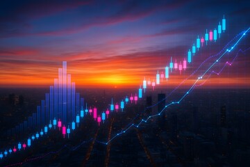 Colorful Financial Growth Graph with Candlestick Chart and Rising Line Data over City Skyline at Sunset in Digital Business Concept