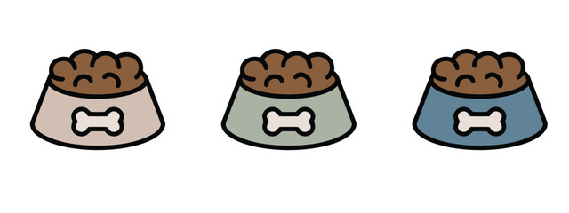 Set of three stylized dog food bowl icons in different colors, featuring a bone treat inside. Perfect for pet food brands, animal nutrition, pet care, or veterinarian services.