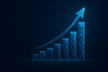 Glowing digital bar chart with rising arrow on dark background showing growth success progress and data performance increase