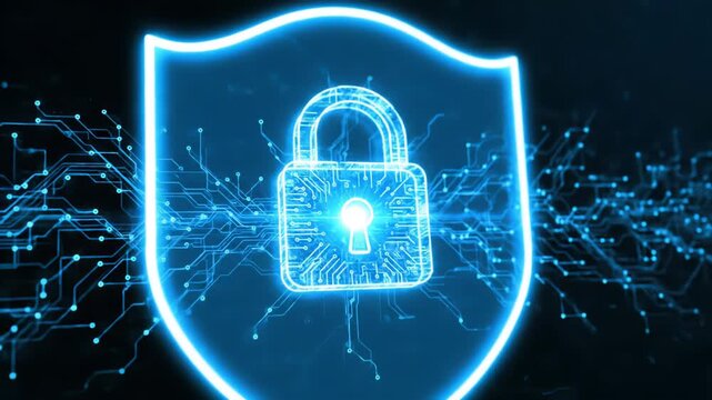 A glowing blue digital shield features a padlock with integrated circuitry. The design evokes cybersecurity, data protection, and secure internet connections.