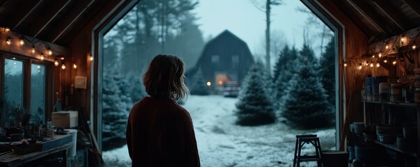 A cinematic view from a barn during a snowy winter evening