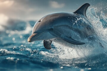 Fototapeta premium Bottlenose dolphin breaching, riding, and splashing in turquoise ocean waves at daytime near the horizon