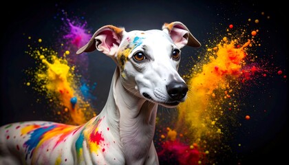 Whippet dog splashed with vibrant colors