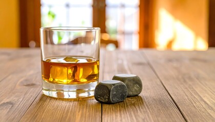 Whiskey glass with ice cubes on a wooden table