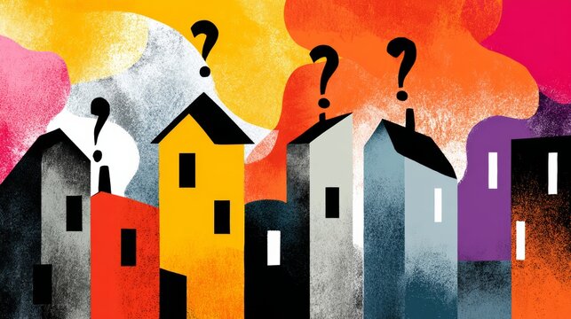 A drawing of a row of houses with a question mark on each one. The houses are of different colors and sizes, and the overall mood of the image is one of curiosity and uncertainty