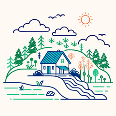 Fototapeta premium House with waterfall and trees in a minimalist landscape Keywords: house, home, landscape