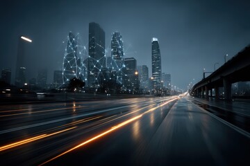 Obraz premium Futuristic digital cityscape with glowing network lines and dynamic highway lights