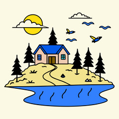 Fototapeta premium Simple house on a hill with trees and water Keywords: house, home, hill, landscape, nature