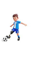 Fototapeta premium Stylized 3D male athlete with a prosthetic leg skillfully dribbling a soccer ball in a dynamic pose on a transparent background representing