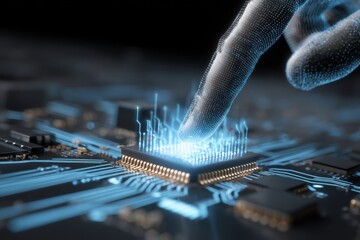Futuristic hand interacting with a glowing artificial intelligence chip