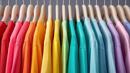 Colorful Rainbow Row of T-shirts Hanging on Wooden Hangers in Closet or Retail Display