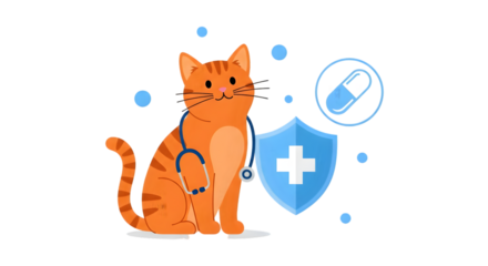 Orange tabby cat with stethoscope and medical shield