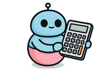 Minimal cute robot character holding calculator symbolizing accounting math artificial intelligence fintech blockchain crypto and futuristic technology design