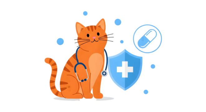 Orange tabby cat with stethoscope and medical shield