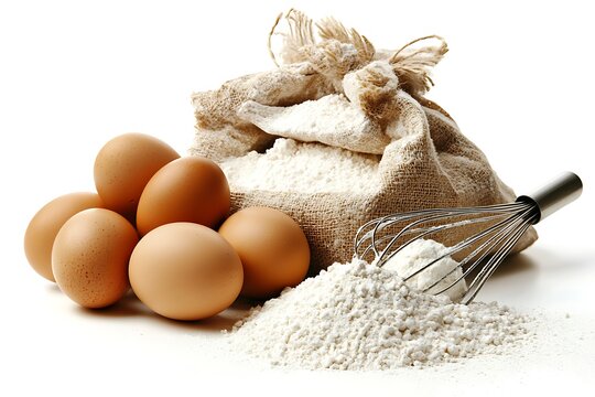 A simple white table featuring uncooked brown eggs, flour bags, and a whisk 