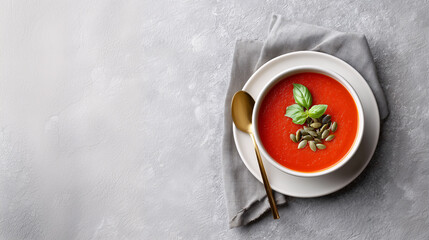 Tomato Soup Gourmet: A vibrant and inviting bowl of creamy tomato soup, garnished with fresh basil leaves and toasted pumpkin seeds, exudes a feeling of warmth and culinary delight.