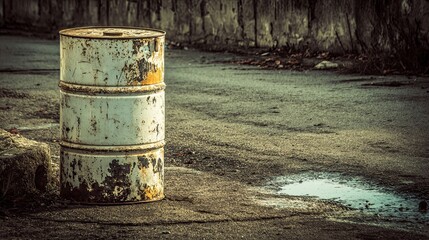 Old Rusted Metal Barrels on Asphalt Road in Grimy Urban Environment