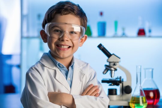 A smiling boy in lab coat and safety glasses standing in a laboratory with equipment behind him - Powered by Adobe