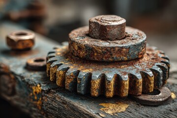 Rusty gears detail shows the wear and tear on metal components, highlighting industrial decay and the passage of time