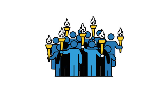 Torchlight procession crowd with raised torches on a transparent background