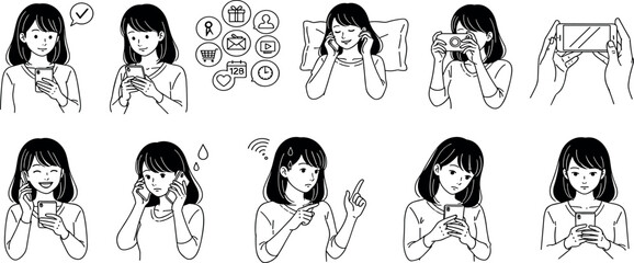 Fototapeta premium A collection of monochrome line art illustrations showing a young woman using a smartphone, with various facial expressions and poses related to mobile communication