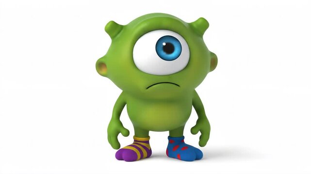 A cute green one eyed cartoon monster stands on a white background. The silly character has horns and is wearing mismatched colorful socks. Illustration for children.