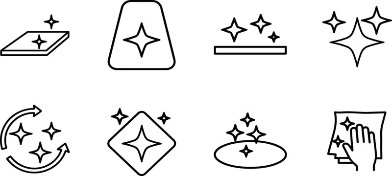 A collection of thin line vector icons representing cleanliness, showcasing shiny, sparkling surfaces and polishing effects for hygiene concepts