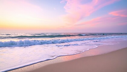 Obraz premium A serene beach scene unfolds during a beautiful sunset, showcasing soft hues of pink, purple, and orange in the sky and ocean waves washing onto the sandy shore, evoking tranquility.
