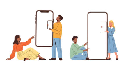 People Interacting With Giant Smartphones technology