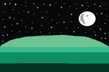 Fototapeta premium Stylized night landscape with a glowing green hill and full moon