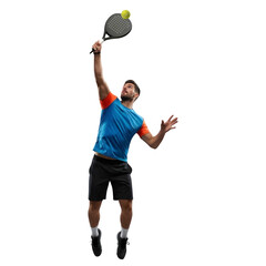 athletic man playing padel tennis mid-air