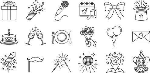 Set of celebration and party icons, including gifts, cake, confetti, and music symbols for festive events and congratulations