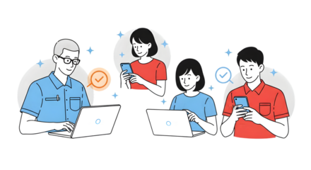 People using laptops and smartphones for online tasks